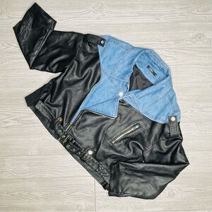 For her nyc hybrid moto jacket pleather & denim jean mixed xl motorcycle jacket